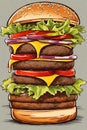 Huge retro hamburger comic style illustration.