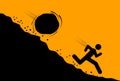 Huge rock or boulder rolling down a man from steep hill , risk, trouble and crisis. vector