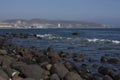 Landscape with huge rocks blue sea foam waves and blue sky beach of Baja California Mexico Royalty Free Stock Photo