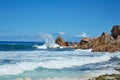 Huge rocks with the waves of the ocean, Seychelles Royalty Free Stock Photo