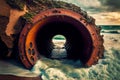 huge rusty discharge of sewage system next to the ocean