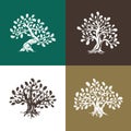 Huge and sacred oak tree silhouette logo on background.