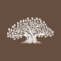 Huge and sacred oak tree silhouette logo badge isolated on brown background. Royalty Free Stock Photo