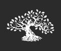Huge and sacred oak tree silhouette logo badge isolated on dark background. Royalty Free Stock Photo