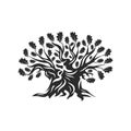 Huge and sacred oak tree silhouette logo badge isolated on white background