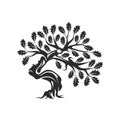 Huge and sacred oak tree silhouette logo badge isolated on white background. Royalty Free Stock Photo