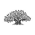 Huge and sacred oak tree silhouette logo badge isolated on white background. Royalty Free Stock Photo
