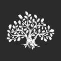 Huge and sacred oak tree silhouette logo isolated on dark background. Royalty Free Stock Photo