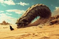 Huge Sand Worm, Giant Sandworm Raising Up From the Desert Depths, Little Man in Black