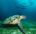 Huge sea turtle on the seaweed bottom