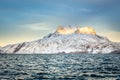 Huge Sermitsiaq mountain covered in snow with sea in the foreground, nearby Nuuk city, Greenland Royalty Free Stock Photo