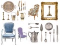 Huge set of antique items.Vintage household items, silverware, furniture and more. Isolated on white background Royalty Free Stock Photo