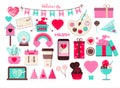 Huge set of icons for Valentine s day. Vector illustration of 50 objects for the holiday on February 14. Set of flat Royalty Free Stock Photo