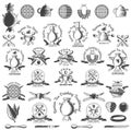 Huge set of Russian tea tradition logo for cafe, teahouse, tea party, bakery or business. Samovar, teapot, cup and other