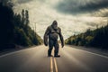 huge shaggy bigfoot stands in middle of roadway on highway