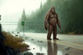 Huge shaggy bigfoot stands in middle of roadway on highway