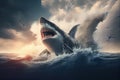 a huge shark jumps out of the sea waves.generative ai