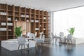 Huge shelving in the panoramic white and grey office area. Corner view Royalty Free Stock Photo