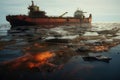 a huge ship is floating in a sea. 3 d illustration, An oil spillage in the ocean, tanker in the back, AI Generated