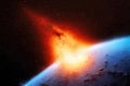 A huge sized meteor crashes on the earth creating shock waves. Meteor or comet falling earth. Asteroid hit earth 3D illustration. Royalty Free Stock Photo