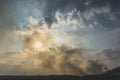 Huge smoke cloud of burning corn field.Burning corn field after the harvest Royalty Free Stock Photo
