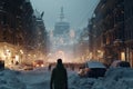 huge snow drifts on a city street in the evening, after a snowfall