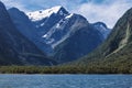 Huge snowy mountains view from Milford Sound in New Zealand Royalty Free Stock Photo