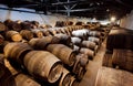 Huge space of traditional winery with dark wine cellar gallery and numbers of wooden barrels for winemaking