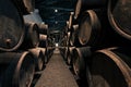 Huge spase with wooden barrels full of port wine inside traditional winery. Dark cellar for winemaking, Portugal