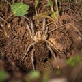Huge spider with offspring on soil in closeup Royalty Free Stock Photo