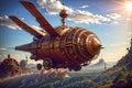 A huge steampunk airship 3d retro technology illustration fantastic wallpaper.