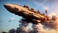 A huge steampunk airship 3d retro technology illustration fantastic wallpaper