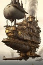 A huge steampunk airship 3d retro technology illustration fantastic wallpaper. Generative Ai