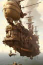 A huge steampunk airship 3d retro technology illustration fantastic wallpaper. Generative Ai