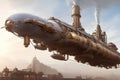 A huge steampunk airship 3d retro technology illustration fantastic wallpaper. Generative Ai