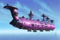 A huge steampunk airship 3d retro technology illustration fantastic wallpaper. Generative Ai