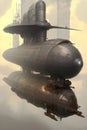 A huge steampunk airship 3d retro technology illustration fantastic wallpaper. Generative Ai