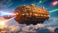 A huge steampunk airship 3d retro technology illustration fantastic wallpaper