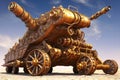 A huge steampunk war machine fantastic vehicle, retro technology illustration. Generative Ai