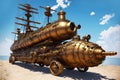 A huge steampunk war machine fantastic vehicle, retro technology illustration. Generative Ai
