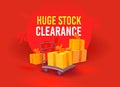 Huge Stock Clearance, Sale Advertising Banner with Boxes and Percent Signs on Manual Trolley. Branding Template Design Royalty Free Stock Photo