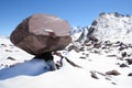 Huge stone block like mushroom in snow mountains