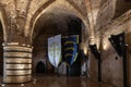 Huge stone dining hall with massive stone columns at the Templar fortress in the Acre old city in northern Israel Royalty Free Stock Photo