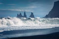 Huge storm on Atlantic ocean. Spectacular morning view of Reynisdrangar cliffs.