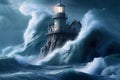 Huge storm wave crashing into a light house. Tsunami concept. Generative AI.