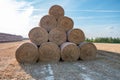 Huge straw pile of Hay roll bales on among harvested field. cattle bedding