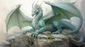 A huge strong green dragon sits on the rocks, waving its mighty wings.
