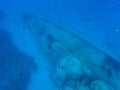 A huge sunken abandoned ship at a depth of 30 meters in crystal clear water. Grand Cayman. Royalty Free Stock Photo