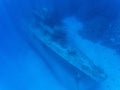 A huge sunken abandoned ship at a depth of 30 meters in crystal clear water. Grand Cayman. Royalty Free Stock Photo