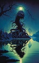 Huge swamp monster rises up from the black lagoon, vintage horror paperback style. Generative AI